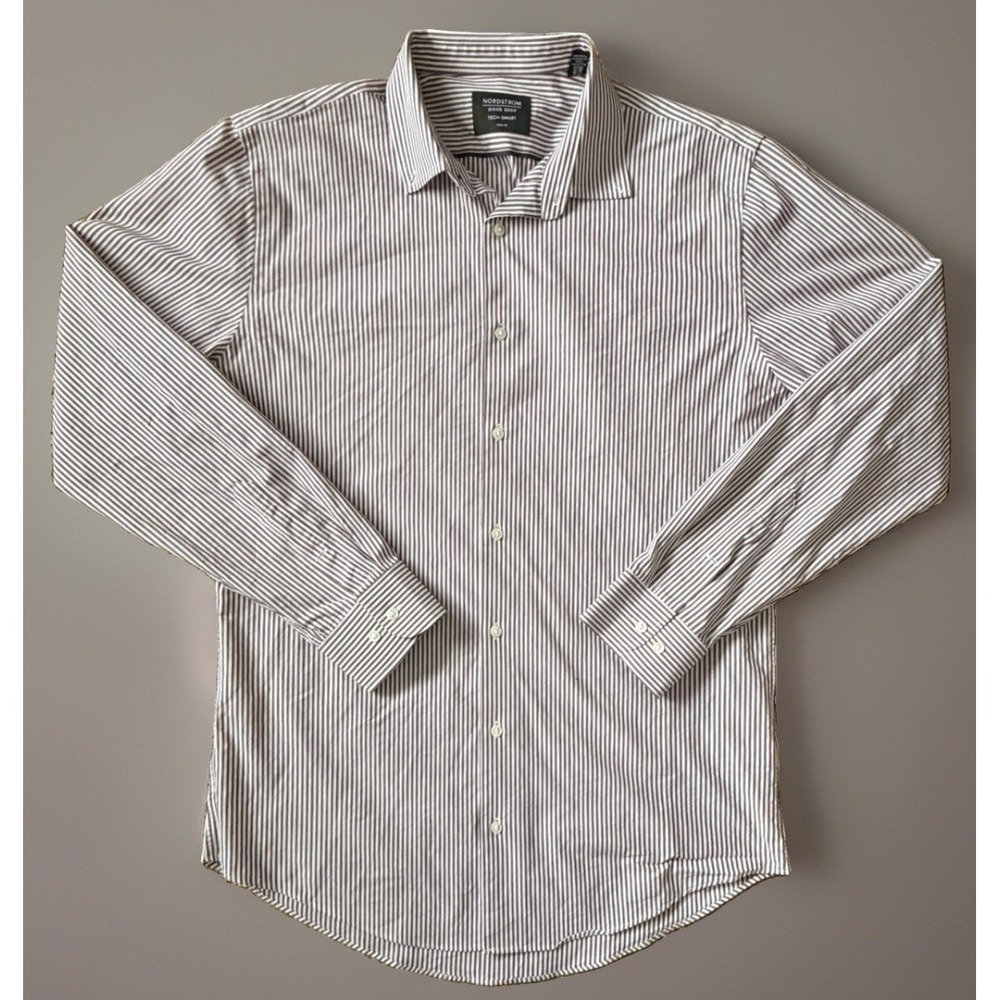 Nordstrom Tech Smart Long Sleeve Button Shirt Purple Striped Trim 16 34-35 JBHS